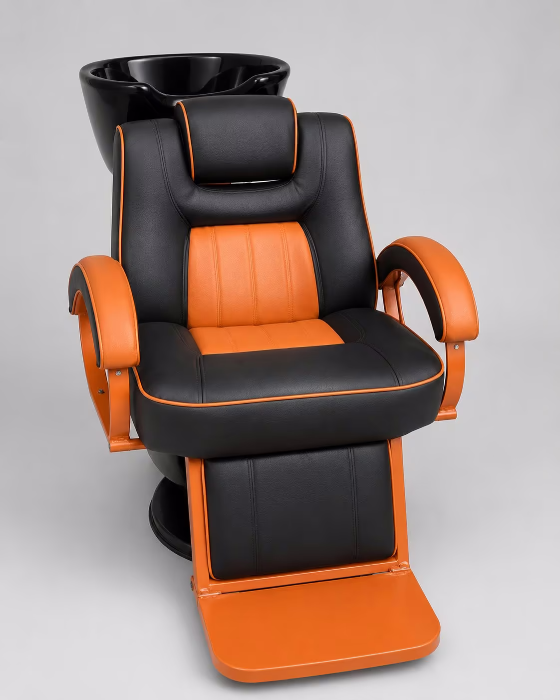 Orange and black salon styling chair with shampoo wash unit, made by Lifestyle de Furniture in Nairobi