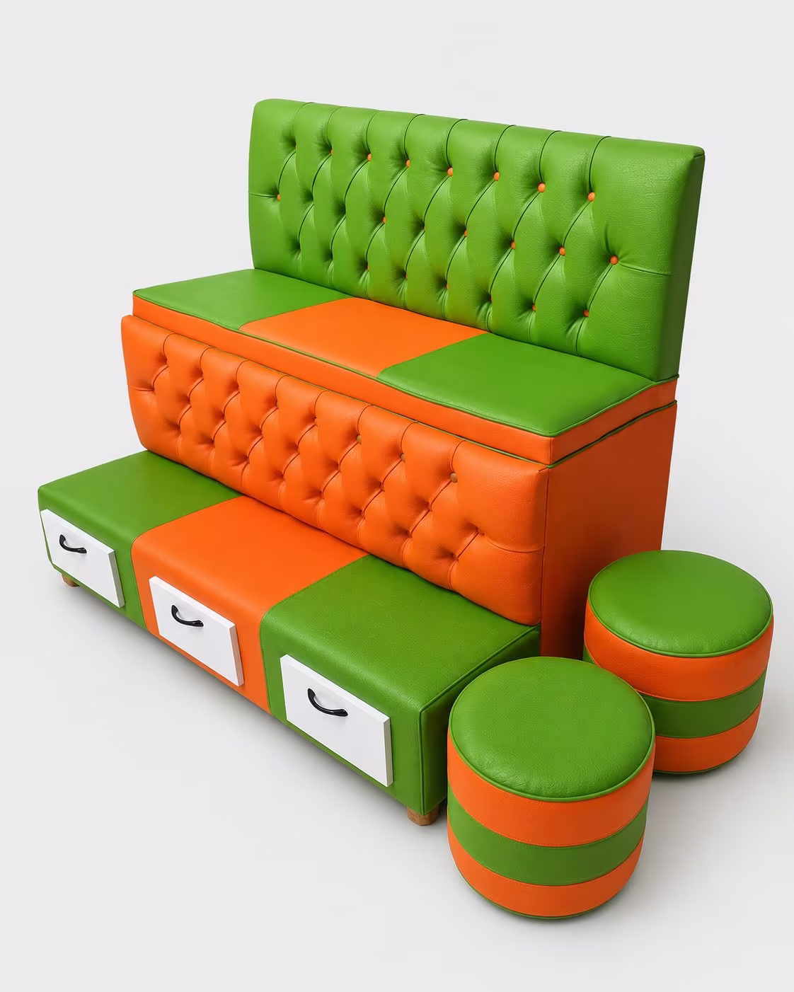 Green and orange tufted booth seating